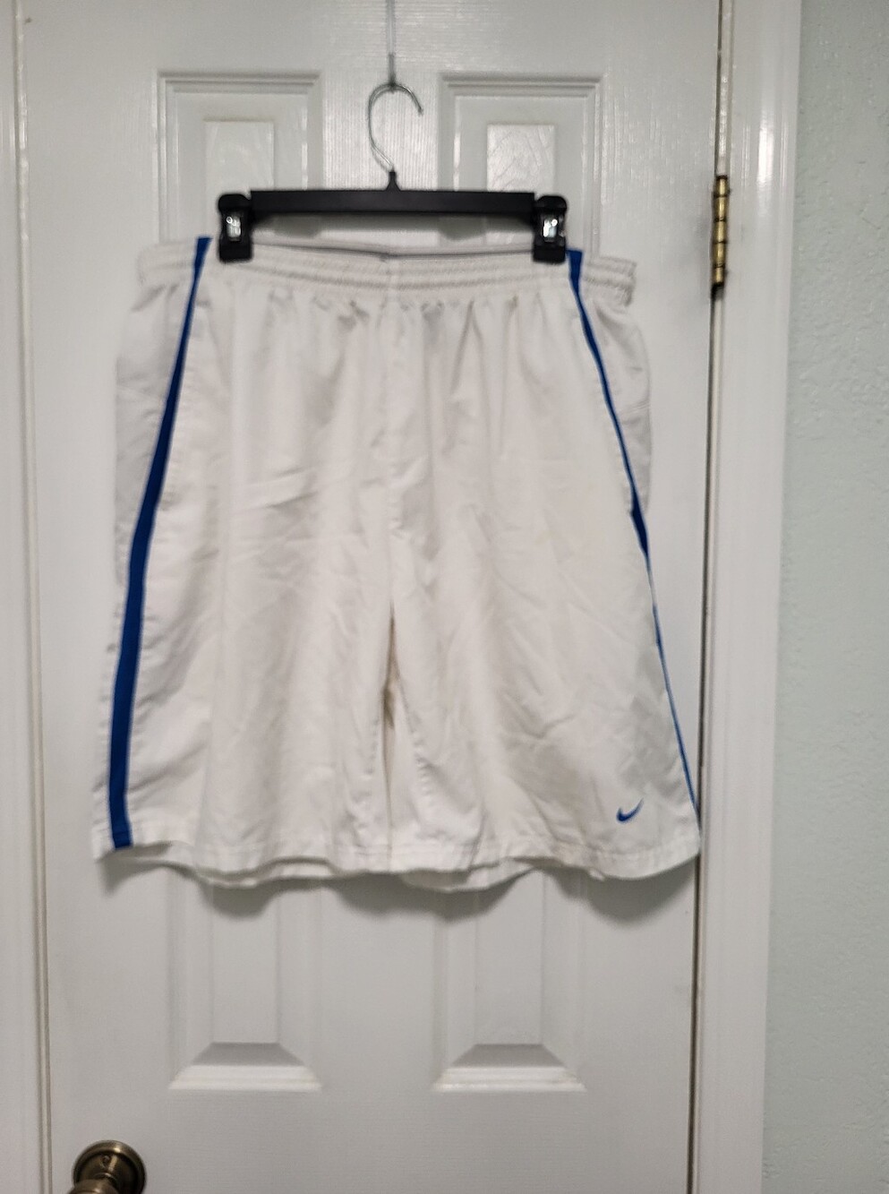 Nike Men's XL White Athletic Shorts with Royal Blue Side Stripes, 9" Inseam